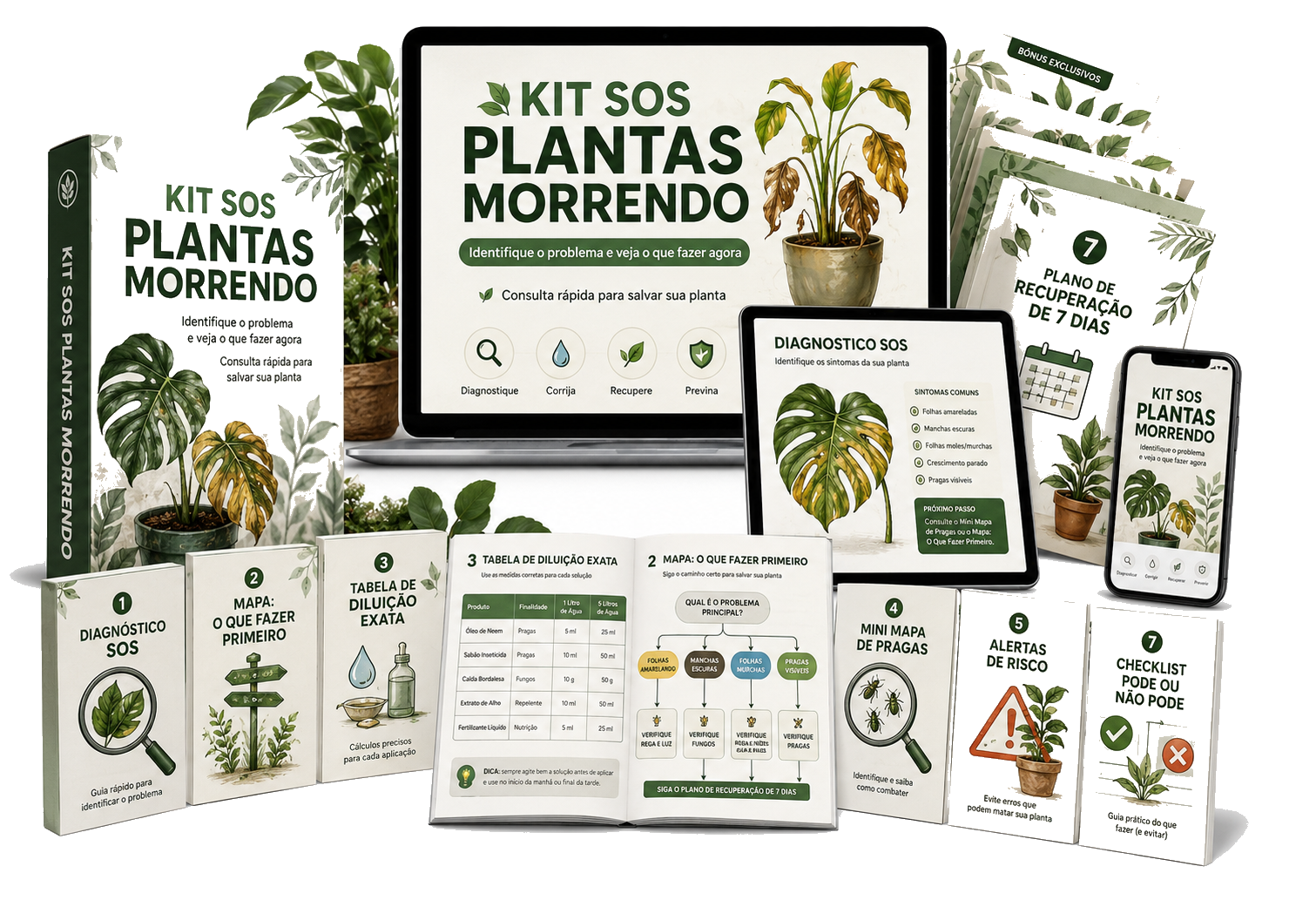 Mockup final do Kit SOS Plantas Morrendo com módulos e bônus